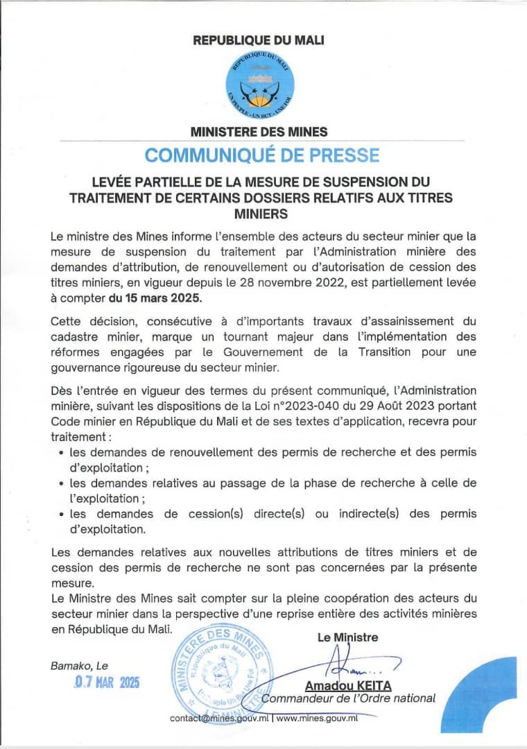 Communiqué de presse du 15 Mars 2025